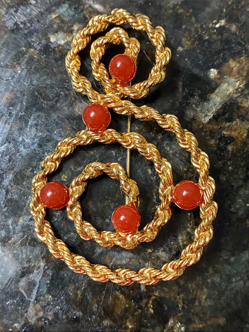 Vintage Avon Gold-Tone Spiral Brooch with Red Accent Beads
